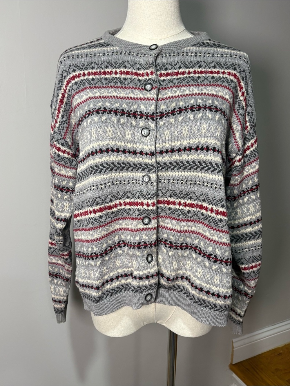 VTG Eddie Bauer Fair Isle Knit Sweater Womens L Striped Button‎ Cabincore Gray